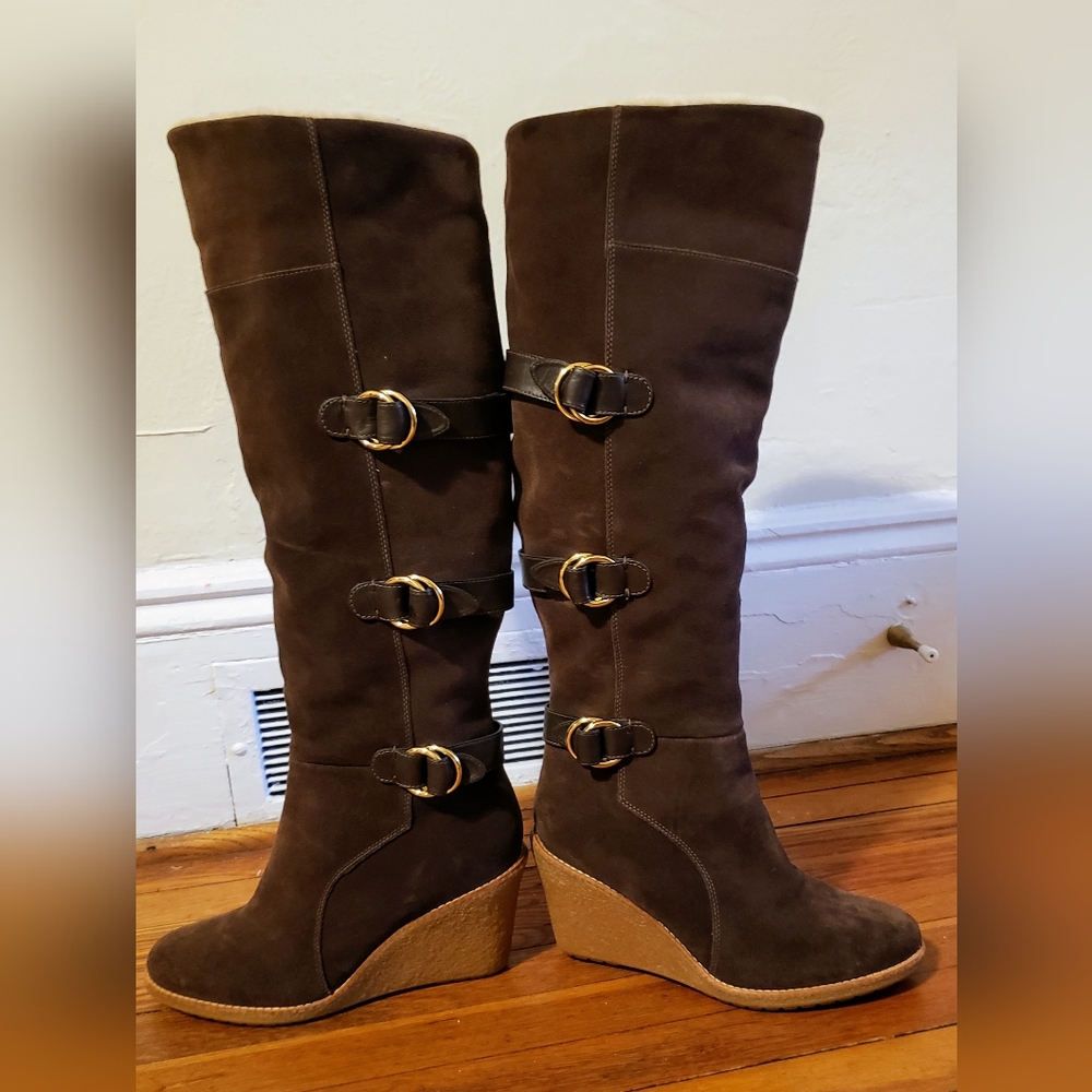 Nike Air brown suede sherpa lined waterproof knee high wedge boots, size…